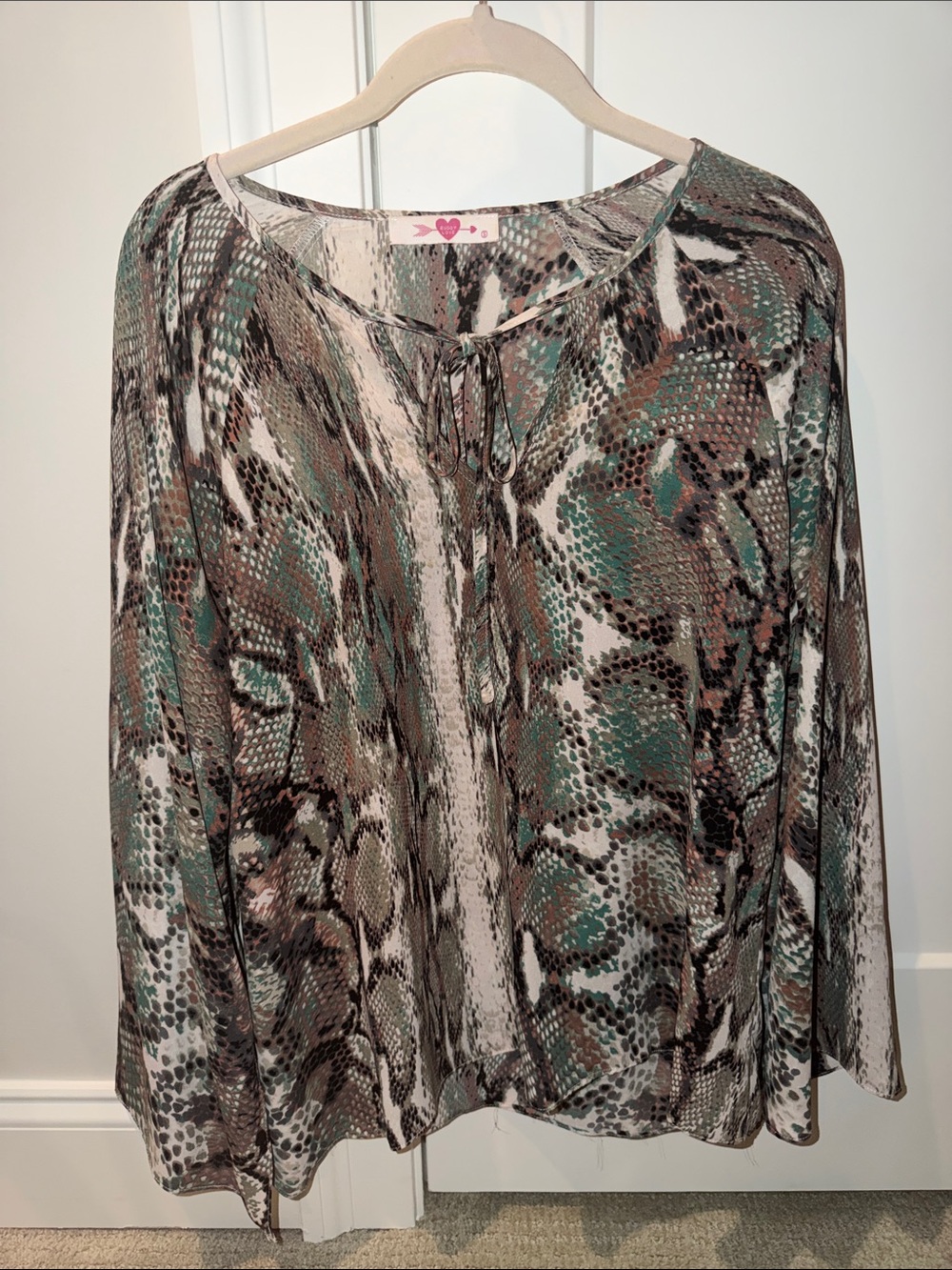 Buddy Love Women’s Snake-Print Tie-Neck Blouse in Teal and Brown